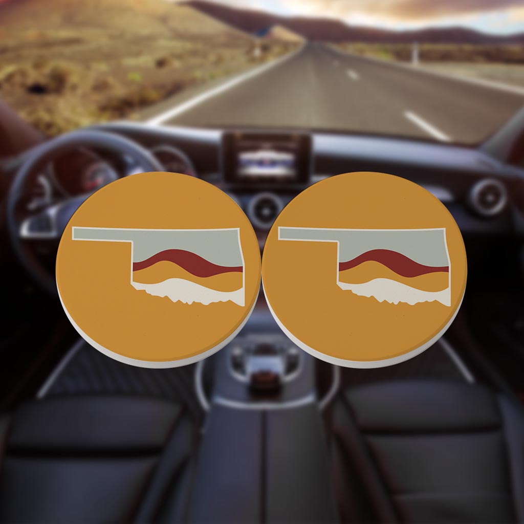Modern Minimalist Oklahoma Orange Retro State Shape Hills | Absorbent Car Coasters | Set of 2 | Min 4