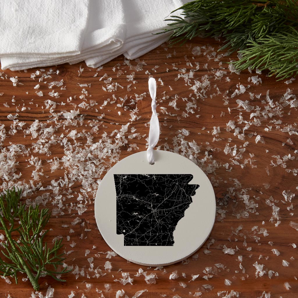 B&W Minimalist Arkansas Map | Wood Ornament | Eaches | Min 6