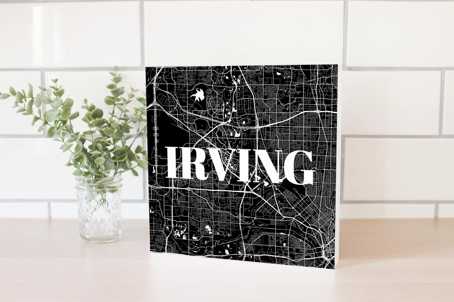Minimalistic B&W Texas Irving Map | Wood Block | Eaches | Min 2