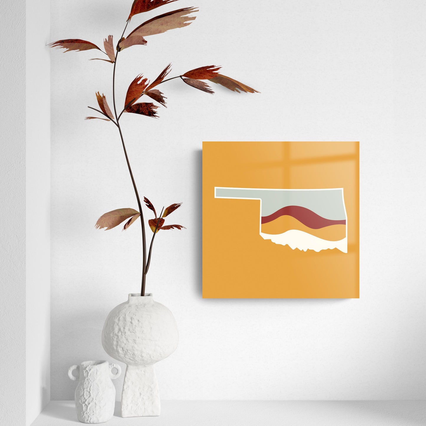 Modern Minimalist Oklahoma Orange Retro State Shape With Hills | Hi-Def Glass Art | Eaches | Min 2