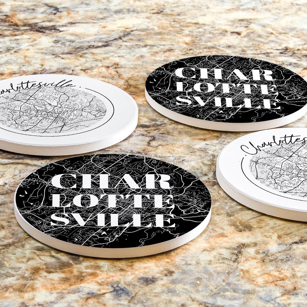 Minimalistic B&W Virginia Charlottesville Maps | Absorbent Coasters | Set of 4 | Min 2