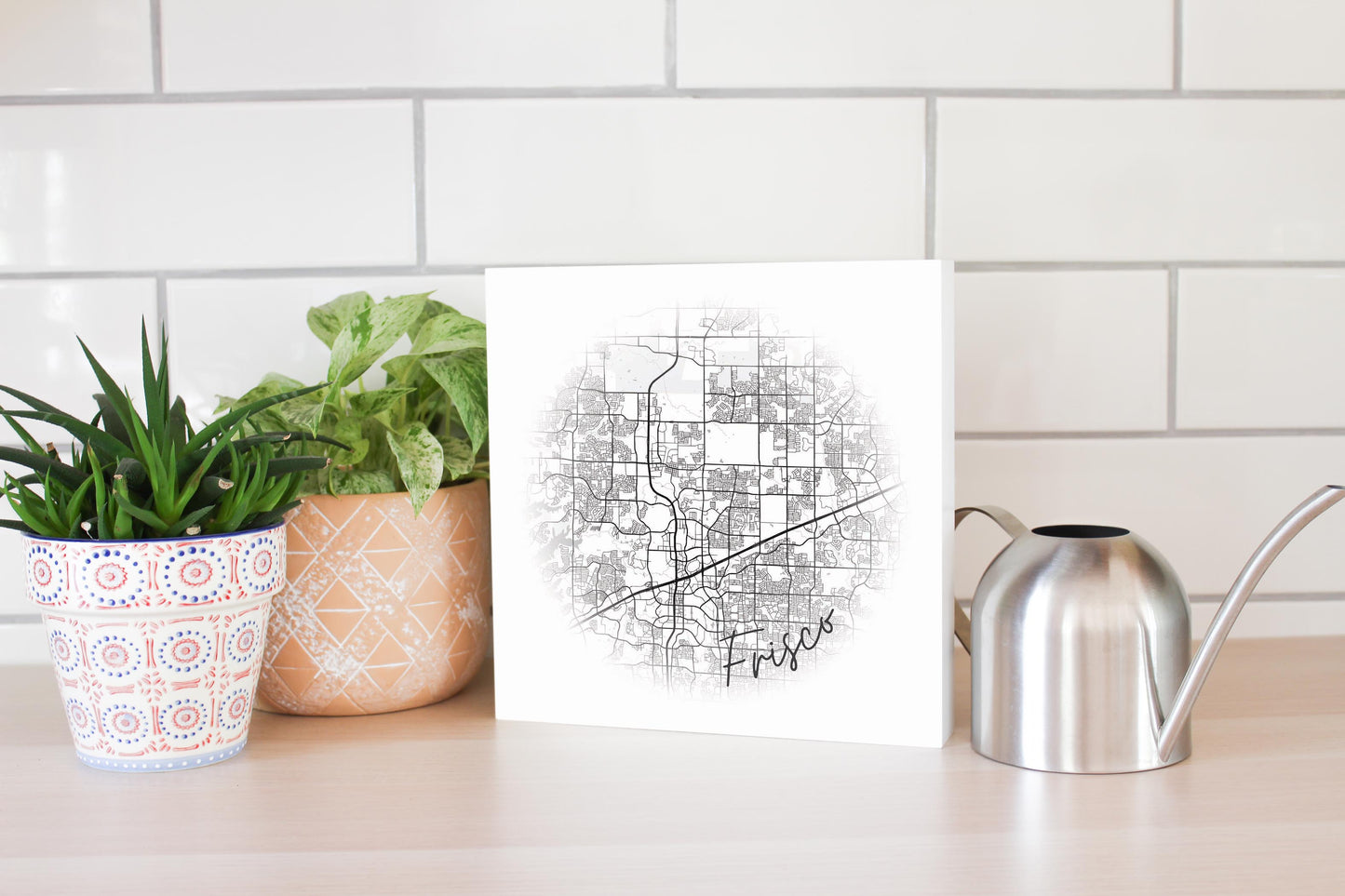 Minimalistic B&W Texas Frisco Circle Map | Wood Block | Eaches | Min 2