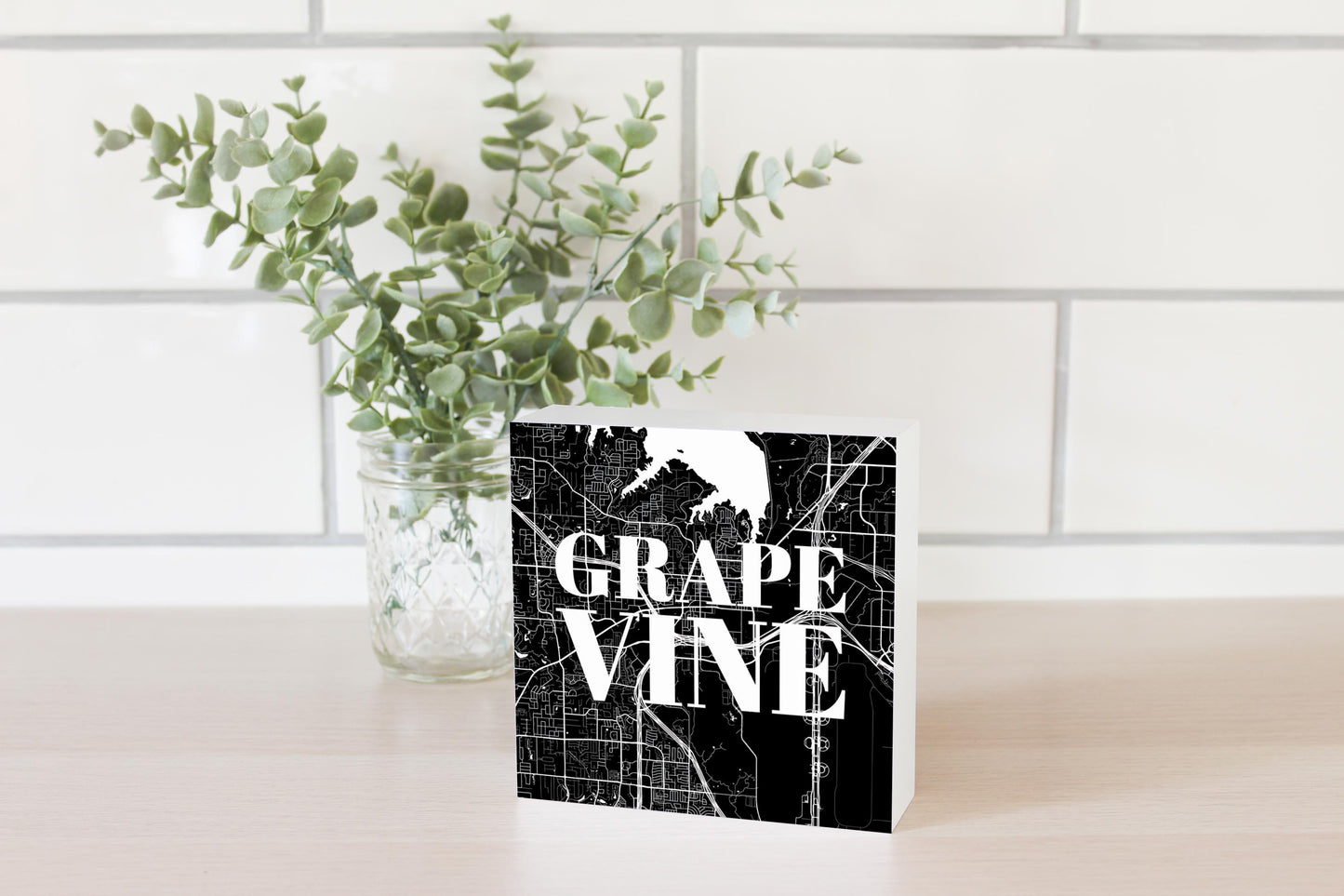 Minimalistic B&W Texas Grapevine Map | Wood Block | Eaches | Min 4