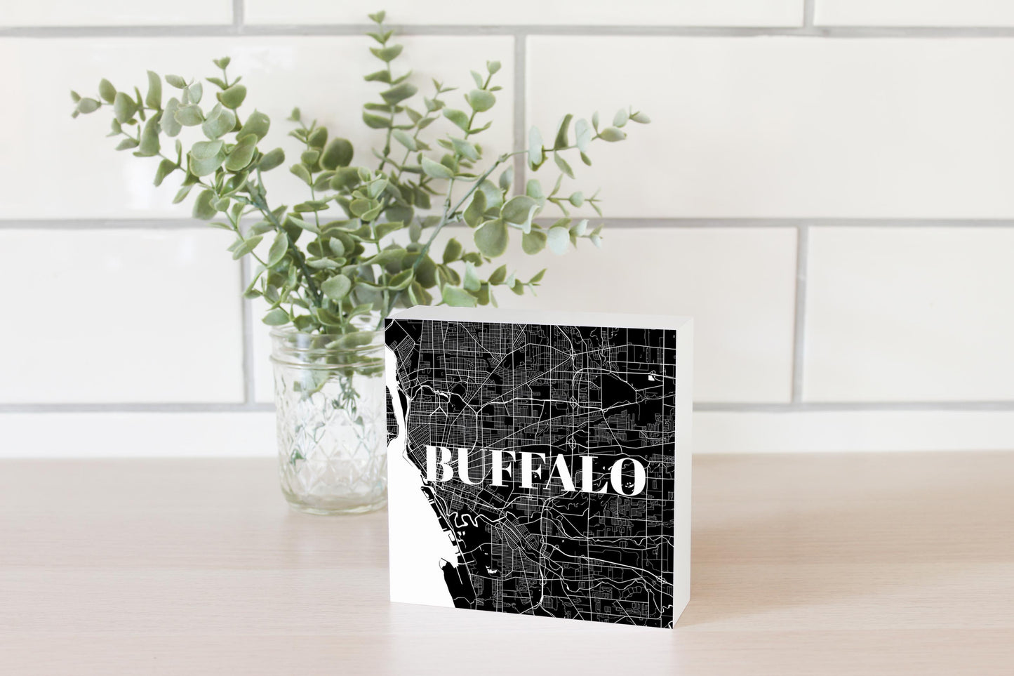 Minimalistic B&W New York Buffalo Map | Wood Block | Eaches | Min 4