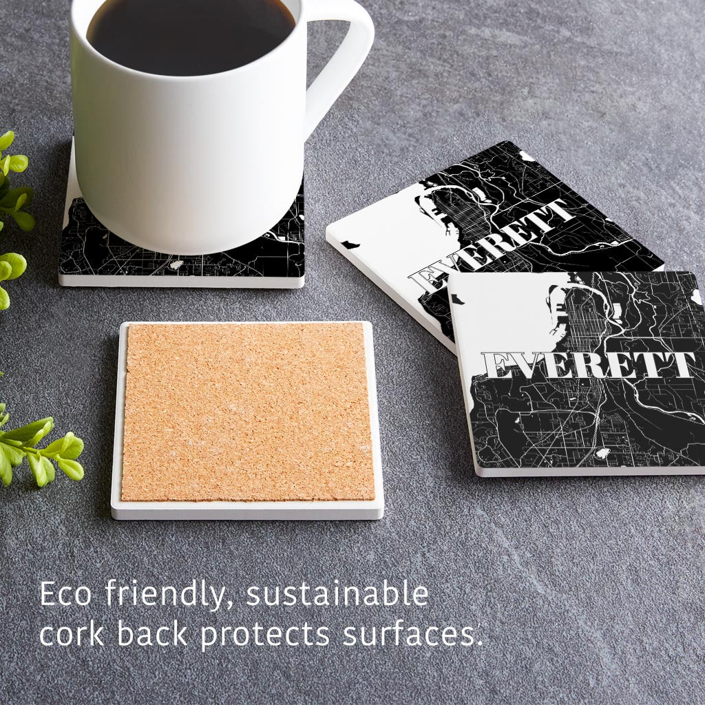 Minimalistic B&W Washington Everett Map | Absorbent Coasters | Set of 4 | Min 2