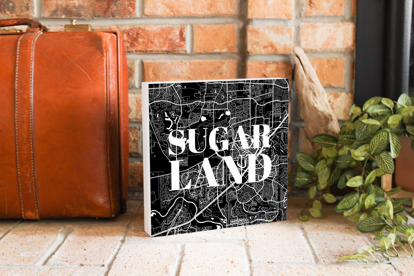 Minimalistic B&W Texas Sugarland Map | Wood Block | Eaches | Min 2