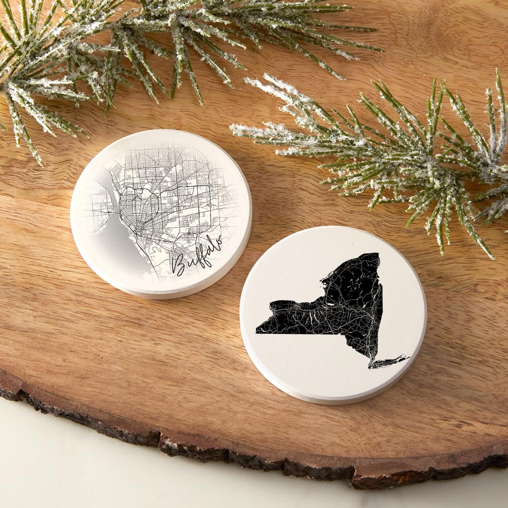 Minimalistic B&W New York Buffalo Map State| Absorbent Car Coasters | Set of 2 | Min 4