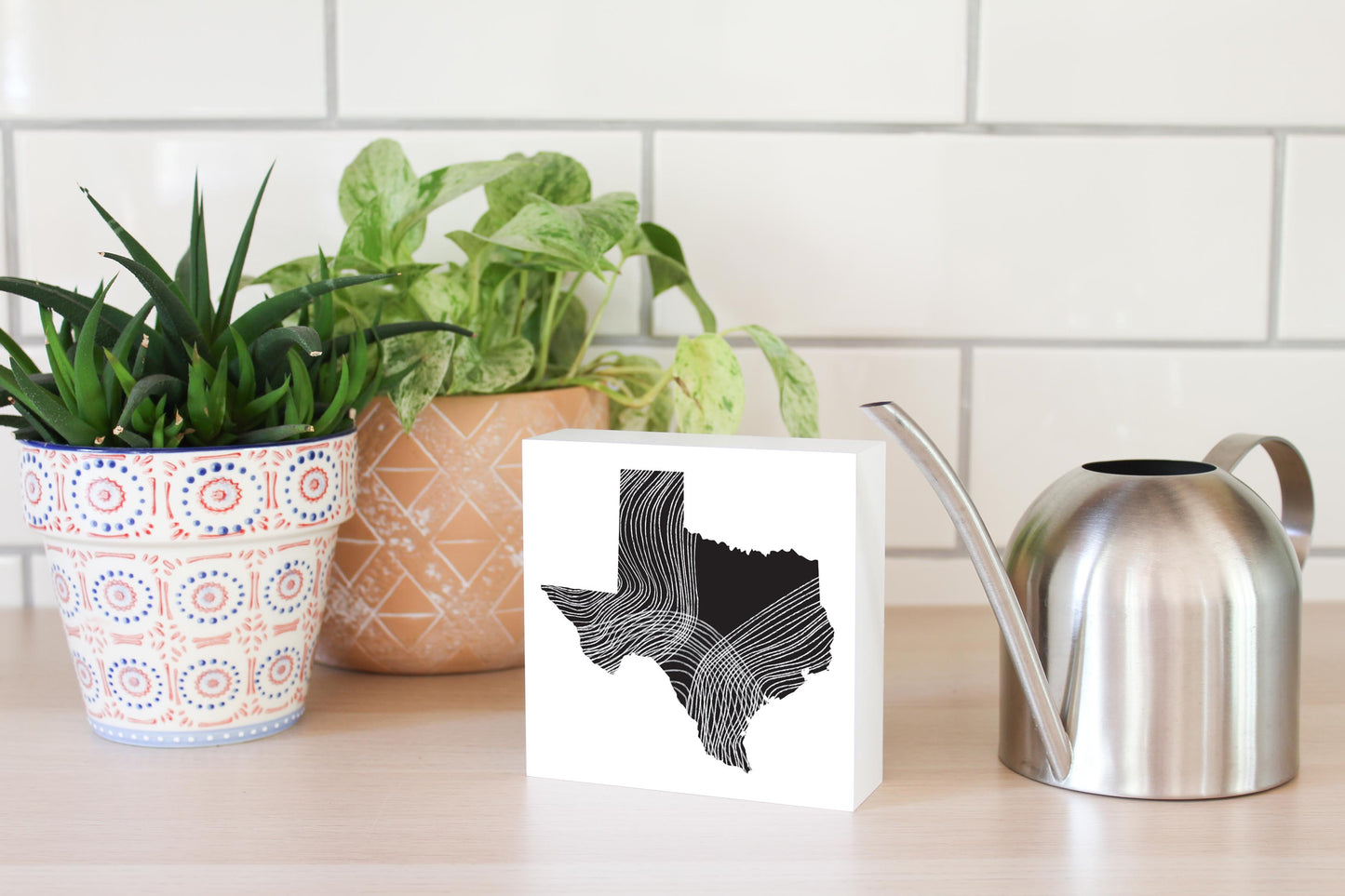 Modern Texas State Shape With Fluid Lines | Wood Block | Eaches | Min 4