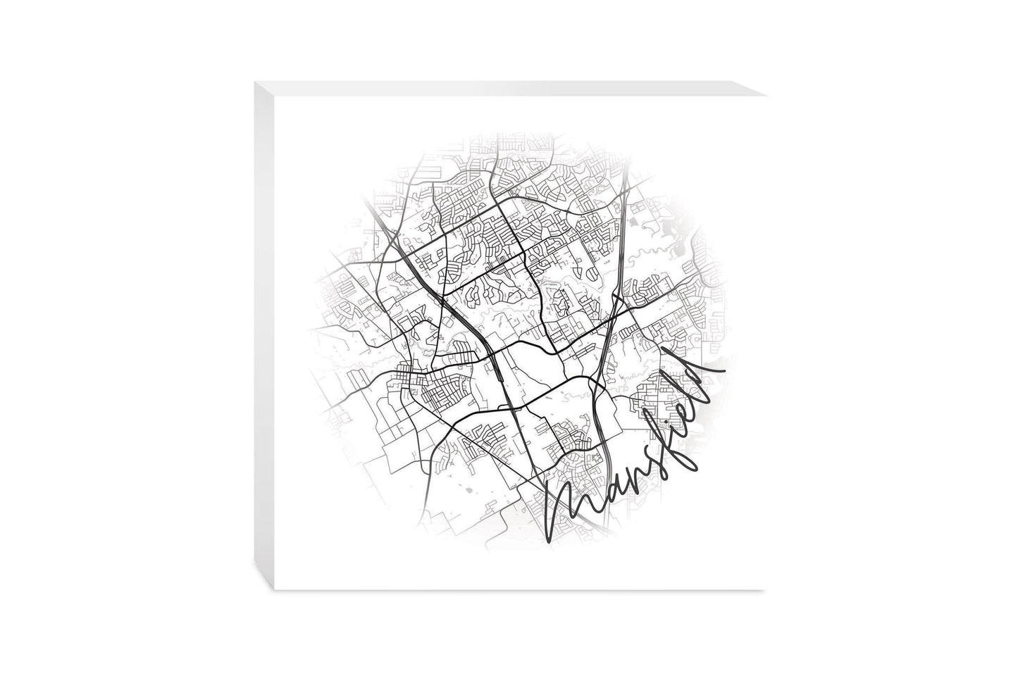 Minimalistic B&W Texas Mansfield Circle Map | Wood Block | Eaches | Min 2