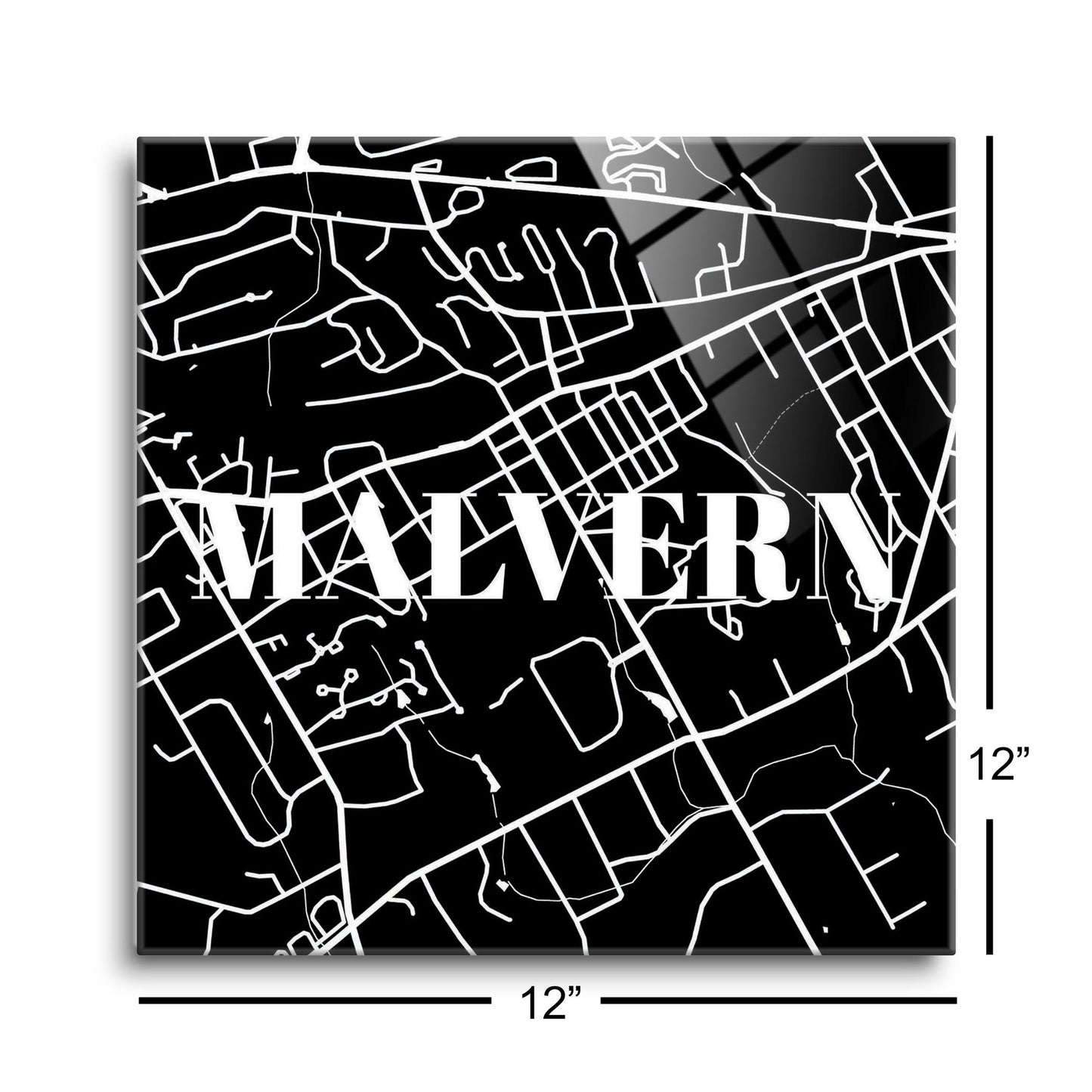 Minimalistic B&W Pennsylvania Malvern Map | Hi-Def Glass Art | Eaches | Min 1