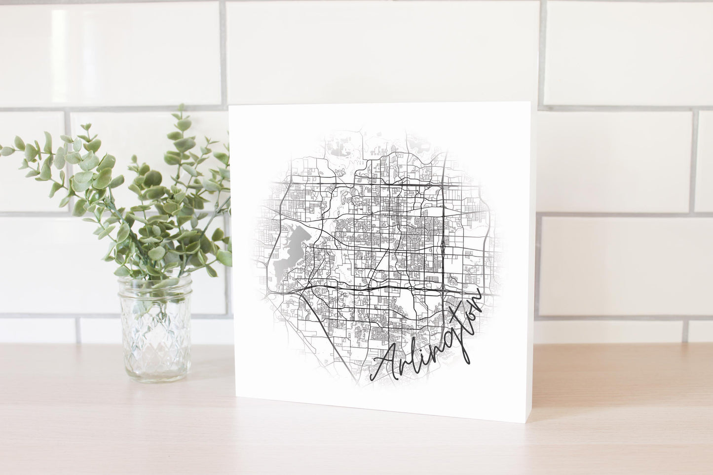 Minimalistic B&W Texas Arlington Circle Map | Wood Block | Eaches | Min 2