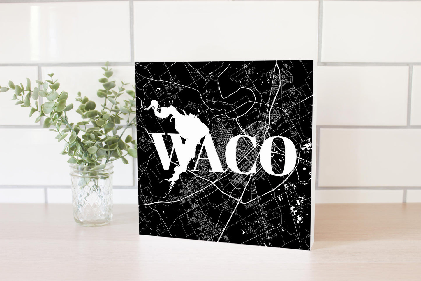 Minimalistic B&W Texas Waco Map | Wood Block | Eaches | Min 2