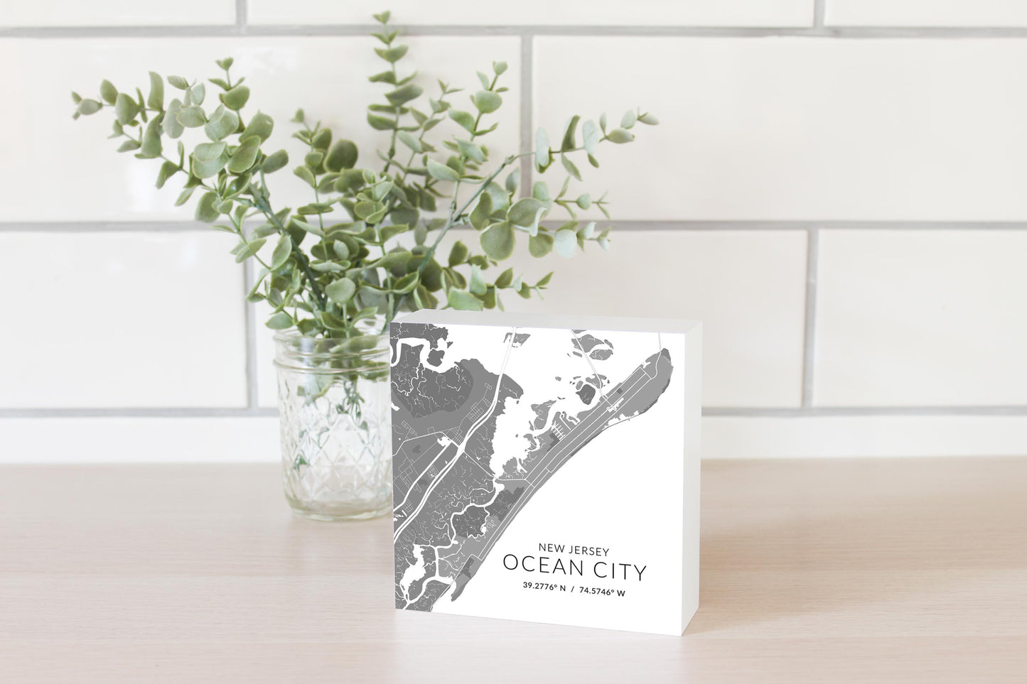 Ocean City Nj Minimalistic Map With Coordinates | Wood Block | Eaches | Min 4