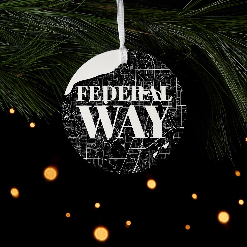 Minimalistic B&W Washington Federal Way Map | Wood Ornament | Eaches | Min 6