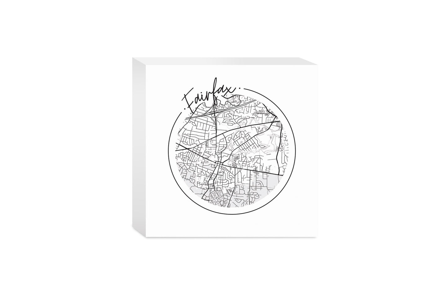Minimalistic B&W Virginia Fairfax Circle Map | Wood Block | Eaches | Min 4