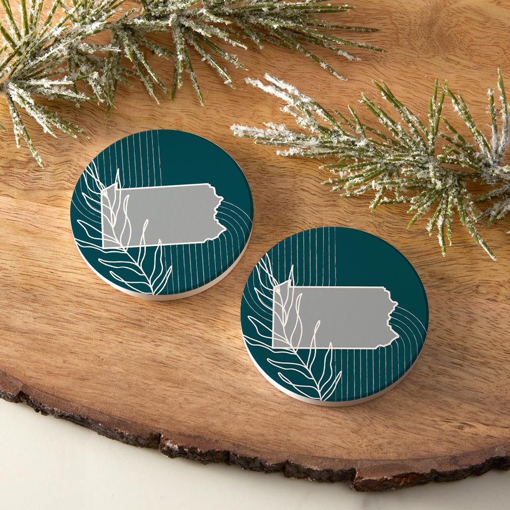 Modern Minimalist Pennsylvania Shape With Leaf | Absorbent Car Coasters | Set of 2 | Min 4