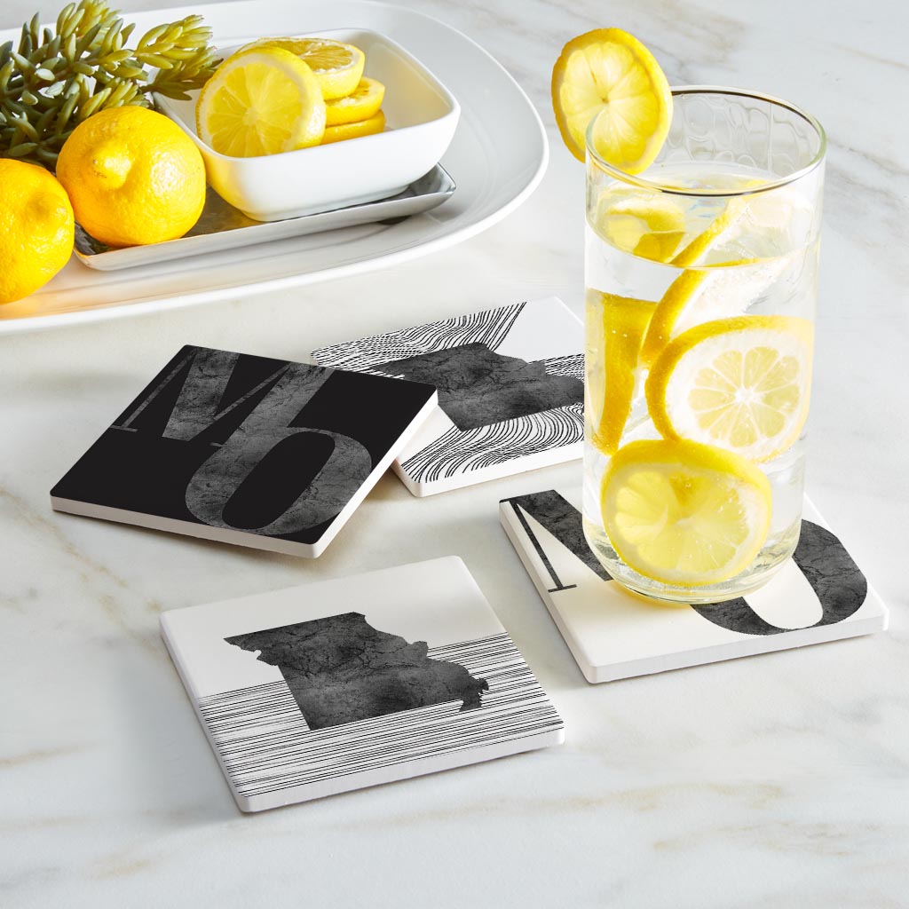 Minimalist B&W Missouri Initials State Shapes | Absorbent Coasters | Set of 4 | Min 2