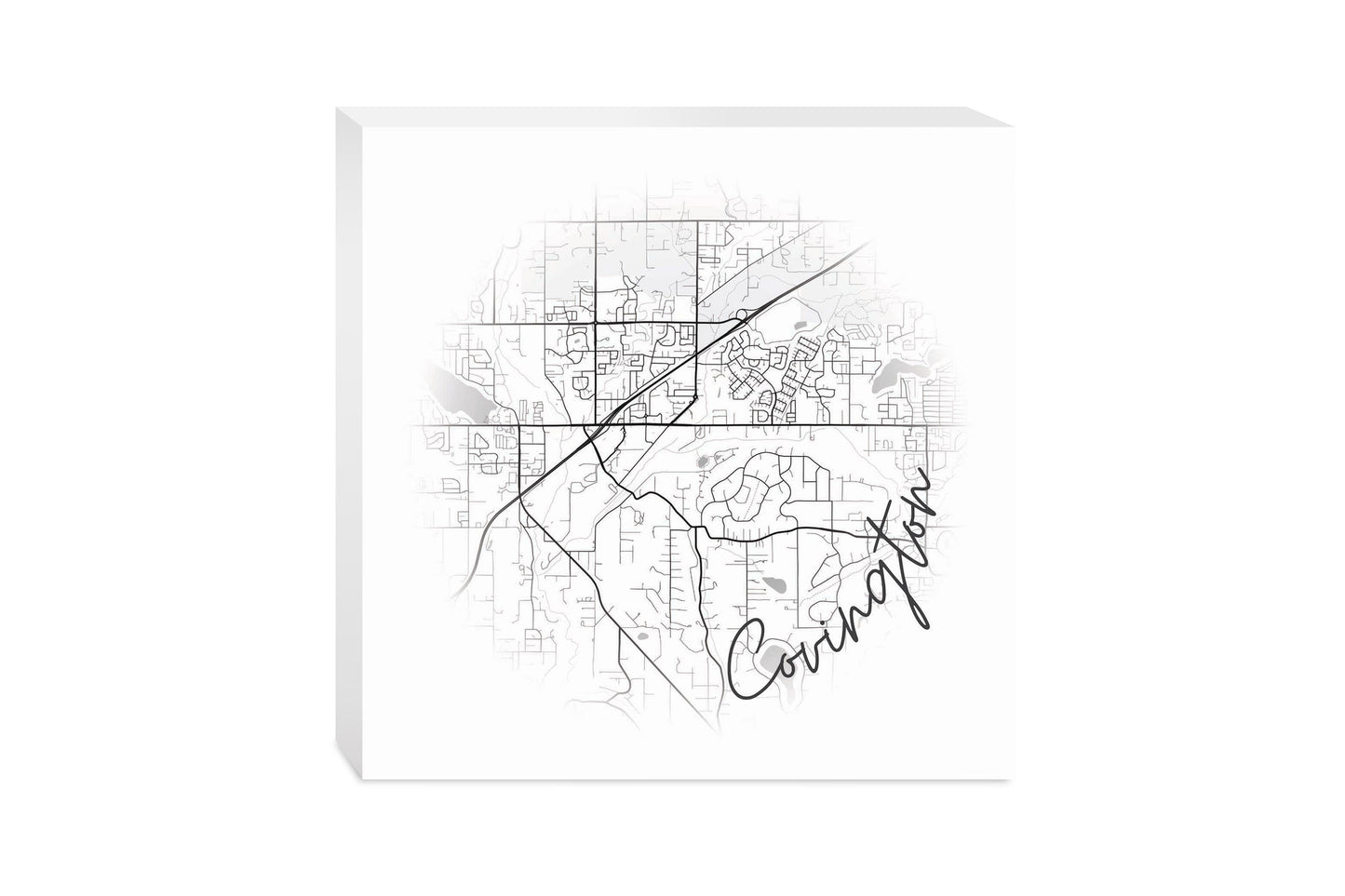 Minimalistic B&W Washington Covington Circle Map | Wood Block | Eaches | Min 2