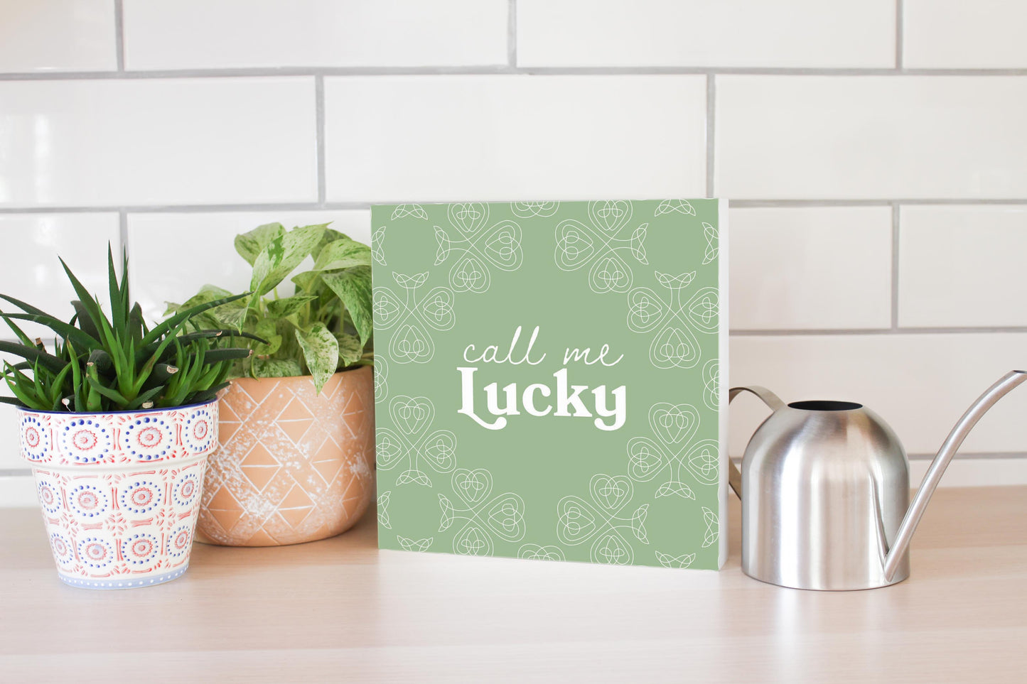 Sage Green Shamrock Call Me Lucky | Wood Block | Eaches | Min 2