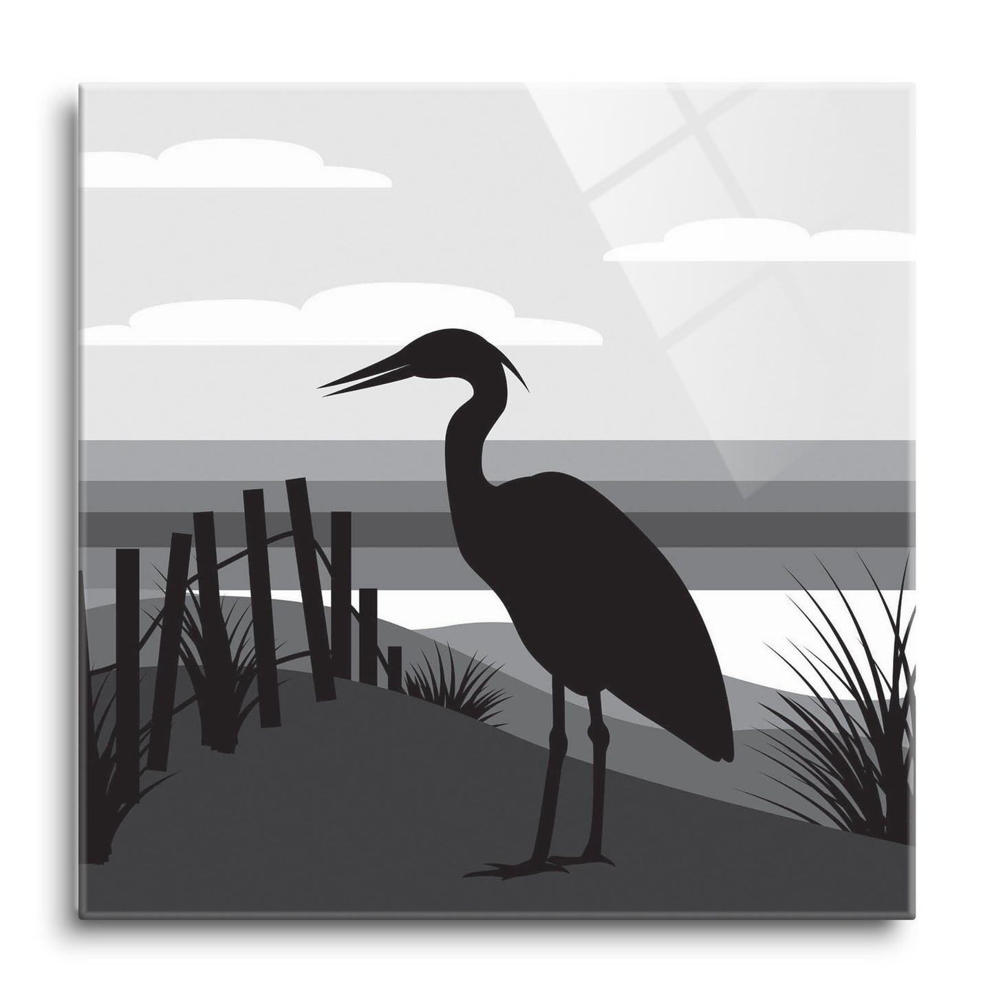 Minimalistic B&W Cape Cod Heron Illustration | Hi-Def Glass Art | Eaches | Min 1