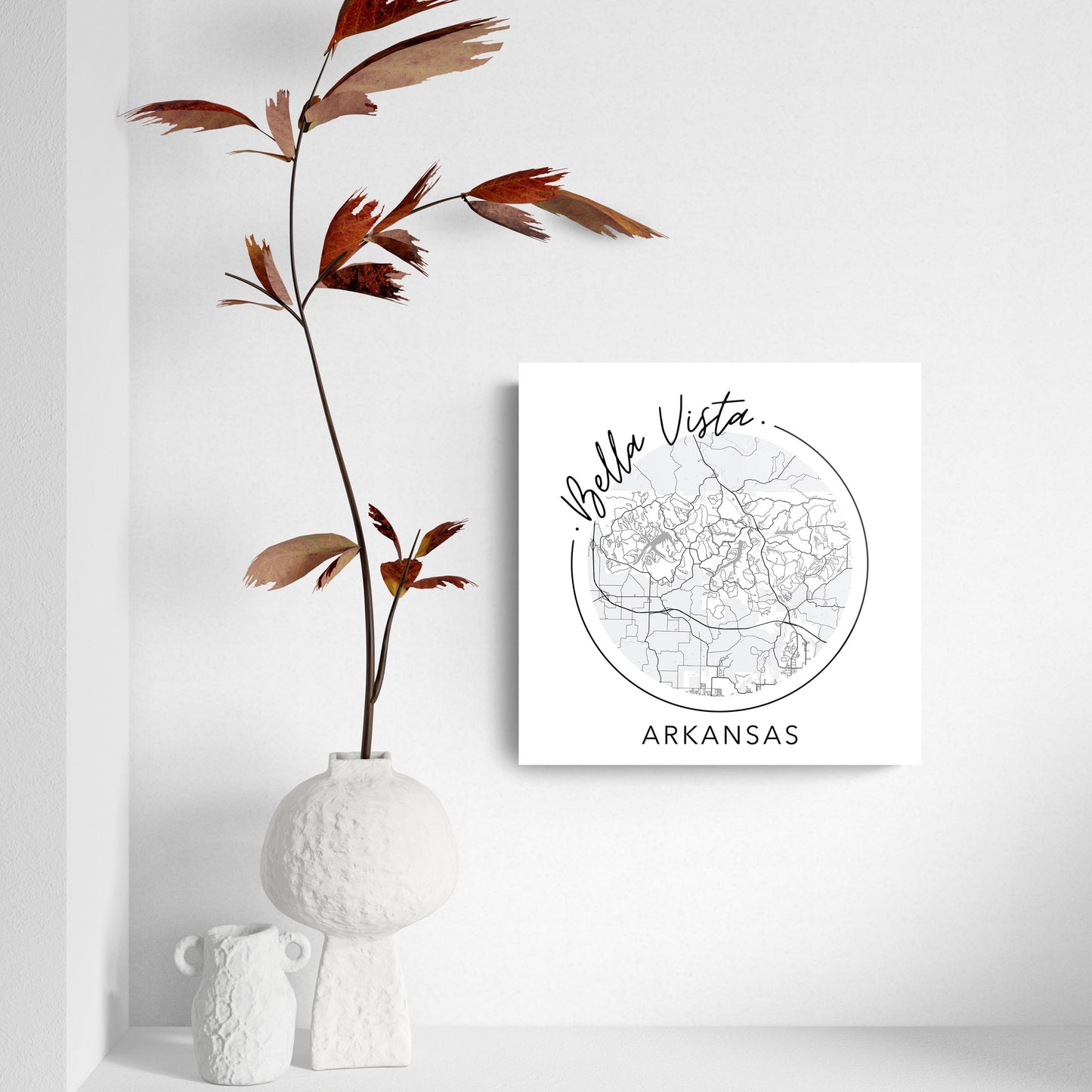 Minimalist B&W Arkansas Bella Vista Circle Map State | Hi-Def Glass Art | Eaches | Min 2