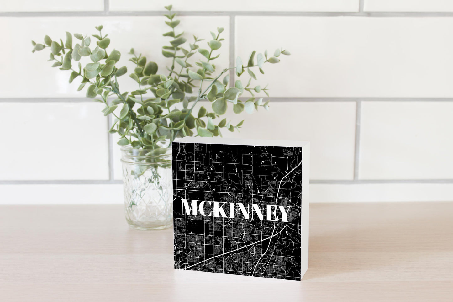 Minimalistic B&W Texas Mckinney Map | Wood Block | Eaches | Min 4