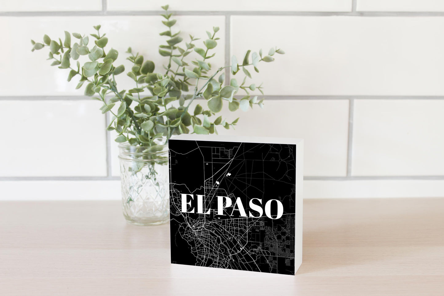 Minimalistic B&W Texas El Paso Map| Wood Block | Eaches | Min 4