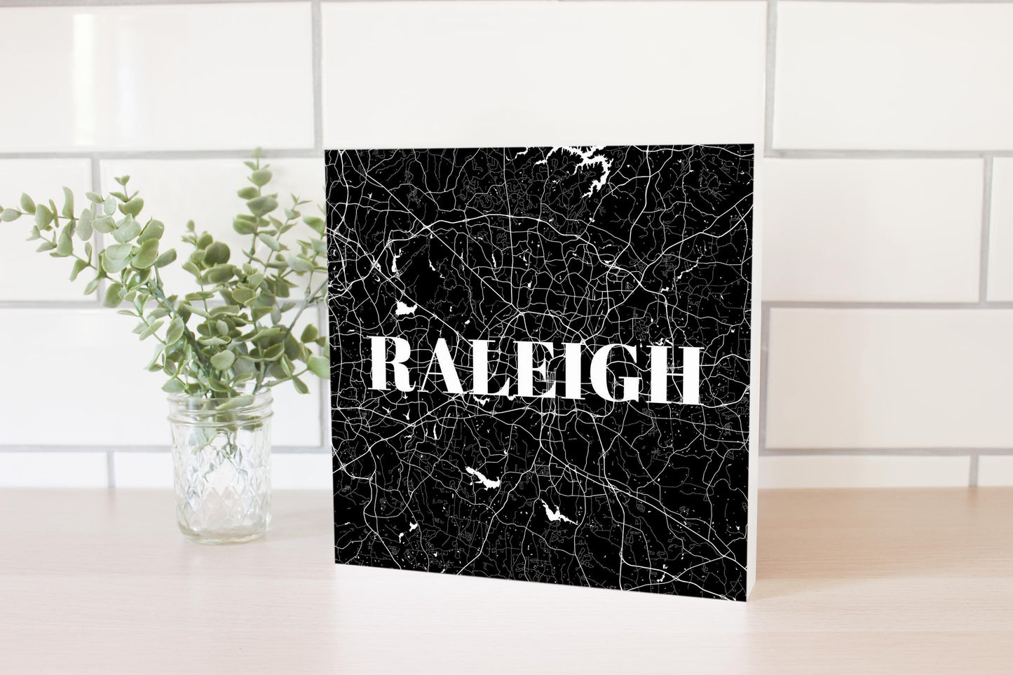 Minimalistic B&W North Carolina Raleigh Map | Wood Block | Eaches | Min 2