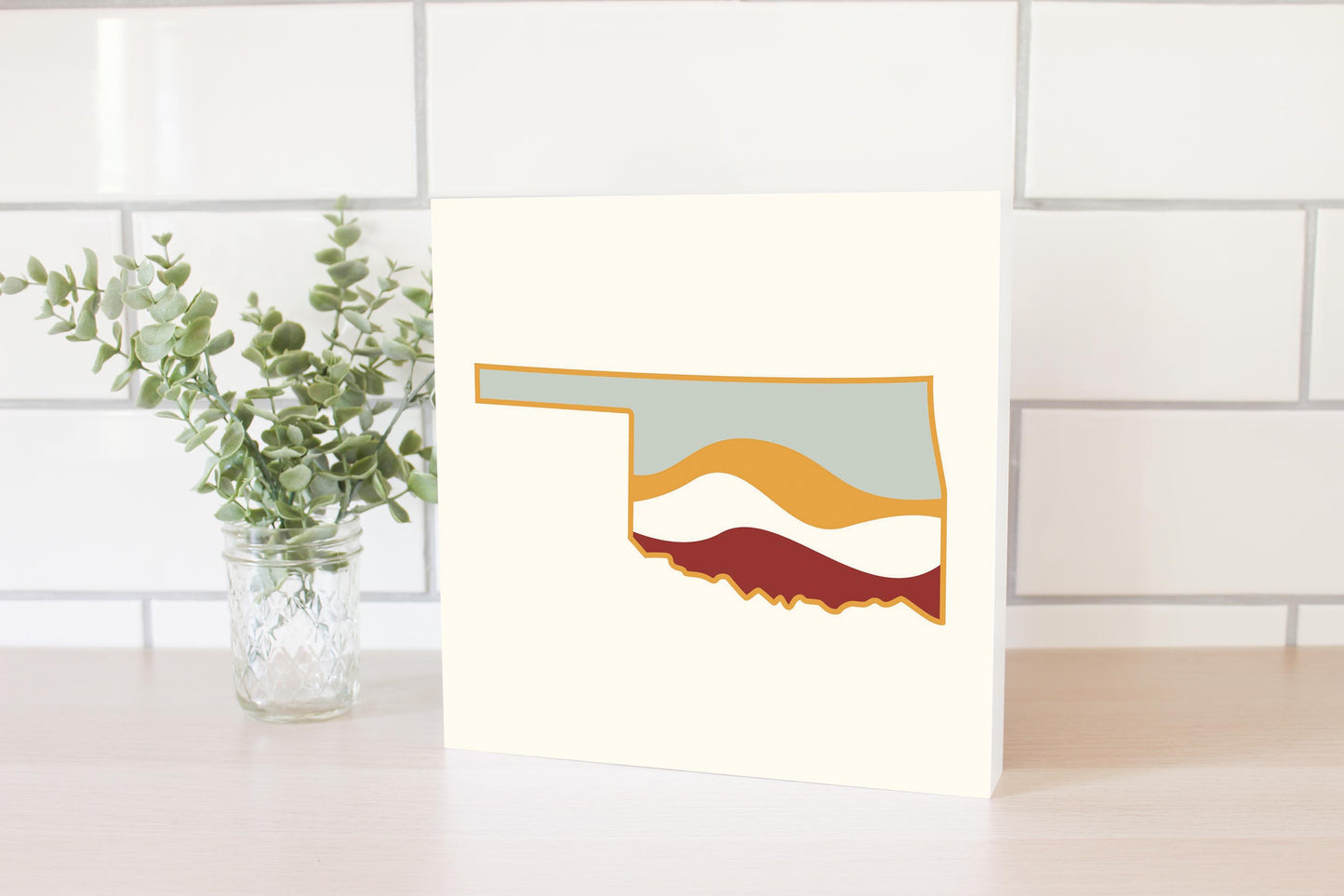 Modern Minimalist Oklahoma Cream Retro State Shape With Hills | Wood Block | Eaches | Min 2