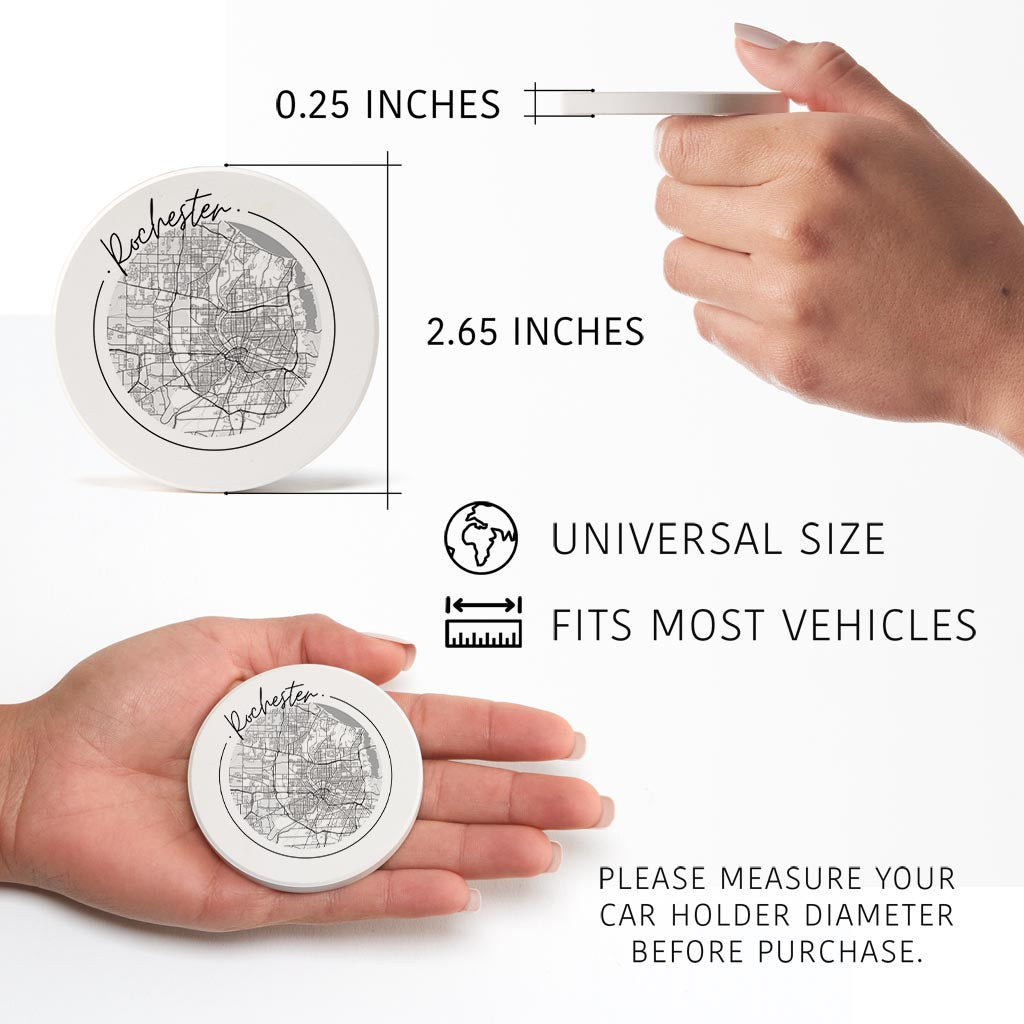 Minimalistic B&W New York Rochester Circle Map | Absorbent Car Coasters | Set of 2 | Min 4