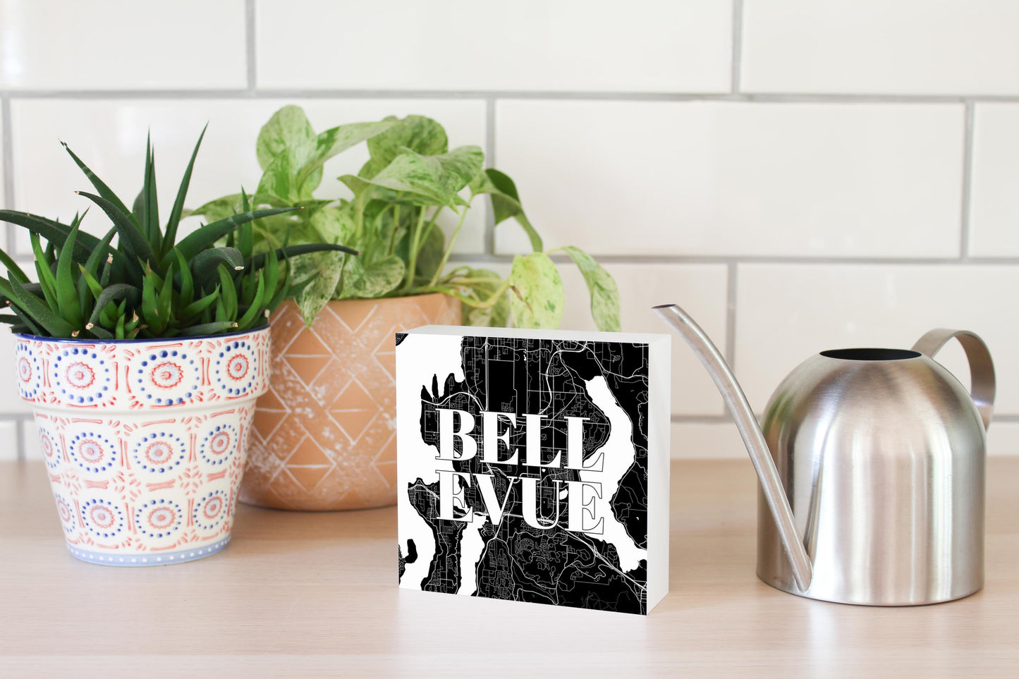Minimalistic B&W Washington Bellevue Map | Wood Block | Eaches | Min 4