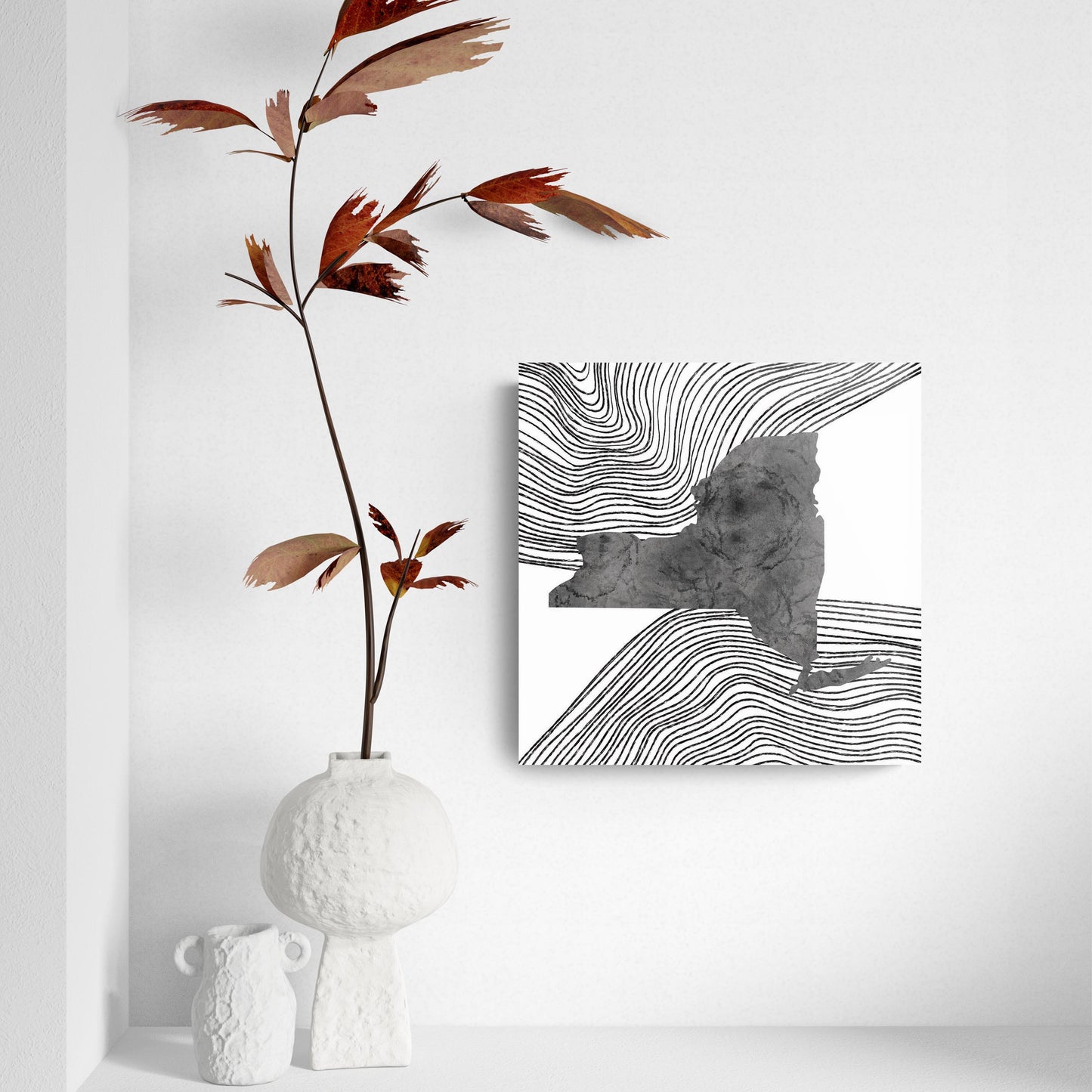 Minimalistic B&W New York State With Fluid Lines | Hi-Def Glass Art | Eaches | Min 2