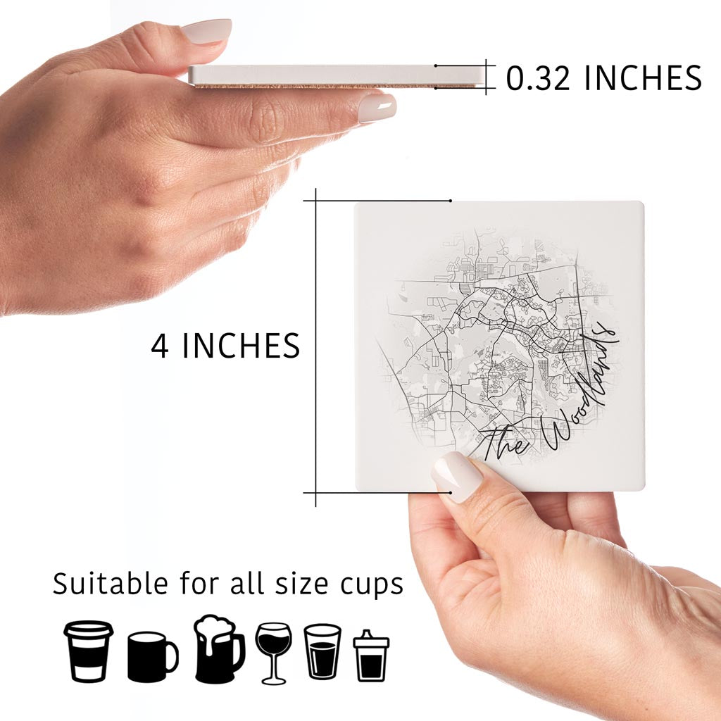 Minimalistic B&W Texas The Woodlands Circle Map | Absorbent Coasters | Set of 4 | Min 2