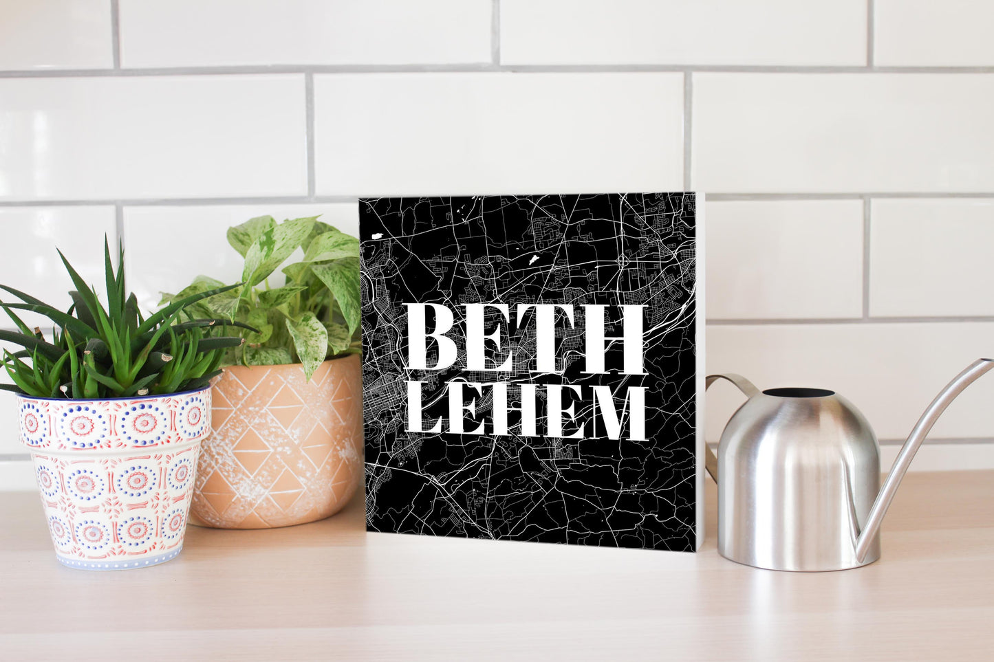 Minimalistic B&W Pennsylvania Bethlehem Map | Wood Block | Eaches | Min 2