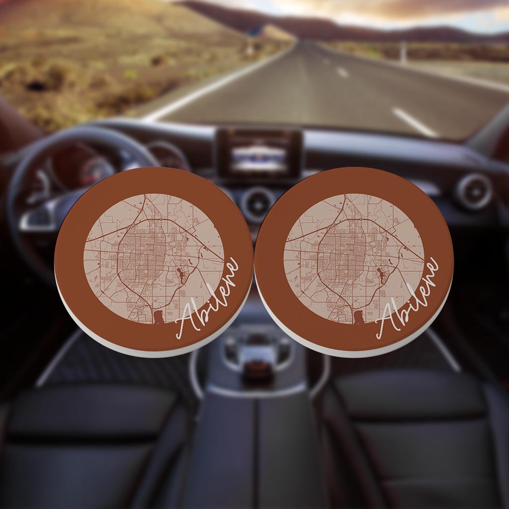 Modern Minimalist Texas Abilene Circle Map | Absorbent Car Coasters | Set of 2 | Min 4