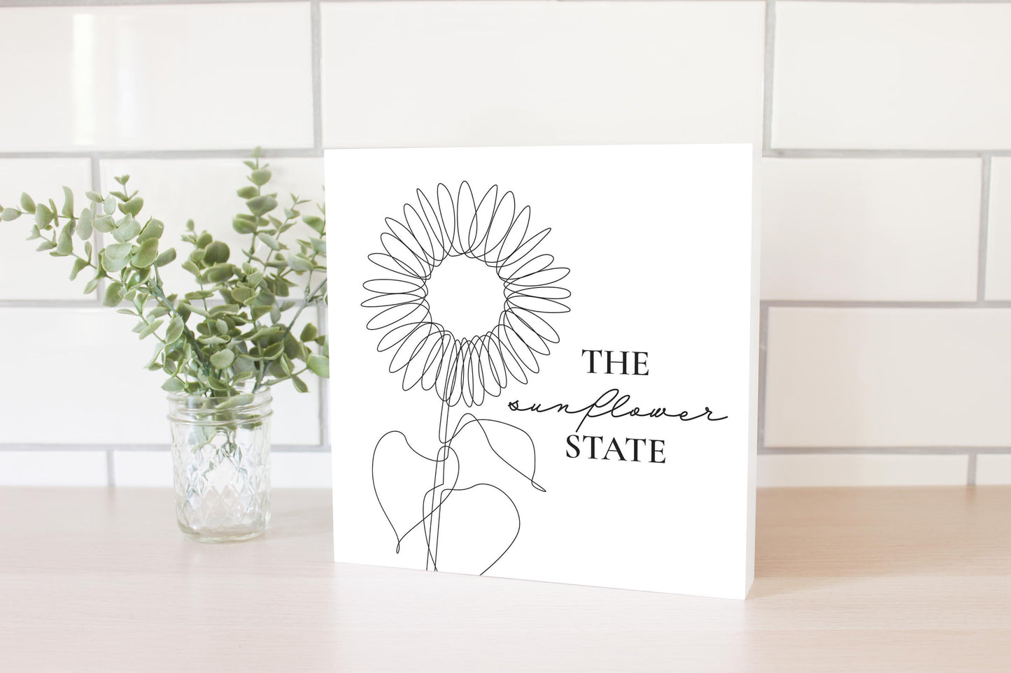 Minimalist B&W Kansas Sunflower Line Drawing | Wood Block | Eaches | Min 2