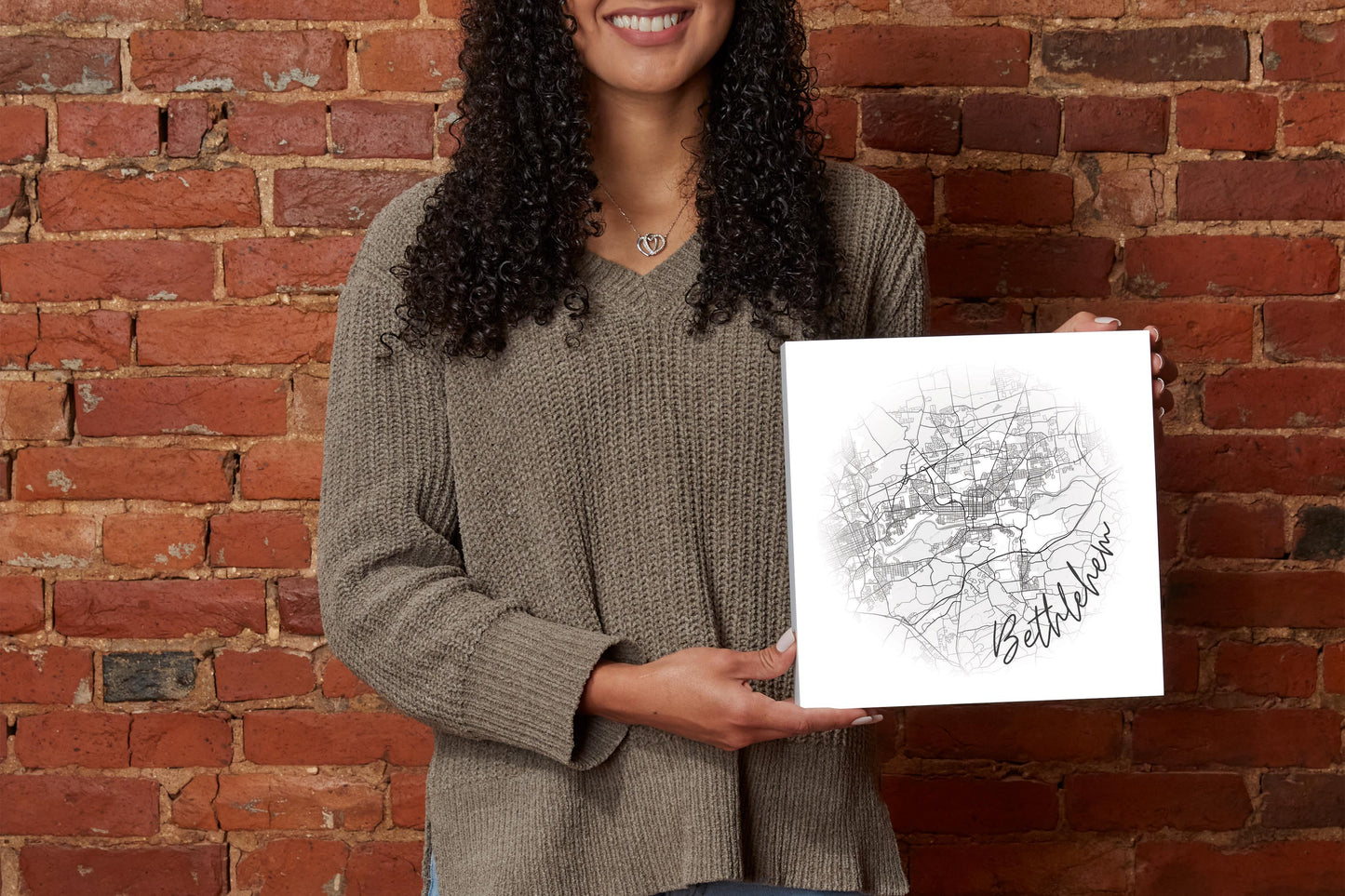 Minimalistic B&W Pennsylvania Bethlehem Circle Map | Wood Block | Eaches | Min 2