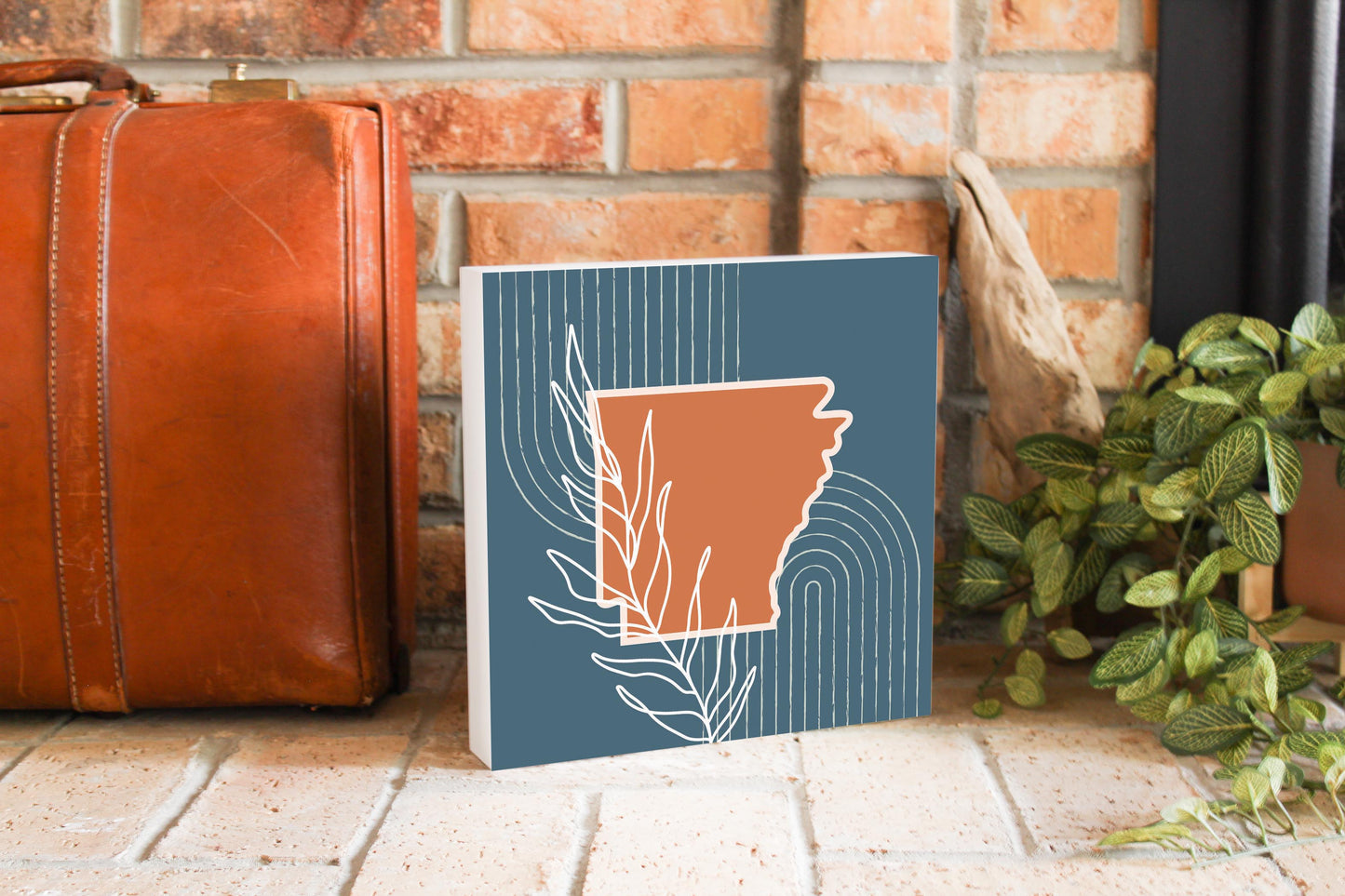 Modern Minimalist Arkansas State Shape With Leaf | Wood Block | Eaches | Min 2