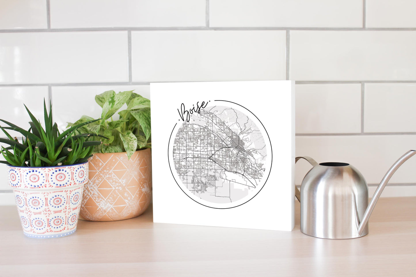 Minimalist B&W Idaho Boise Circle Map | Wood Block | Eaches | Min 2