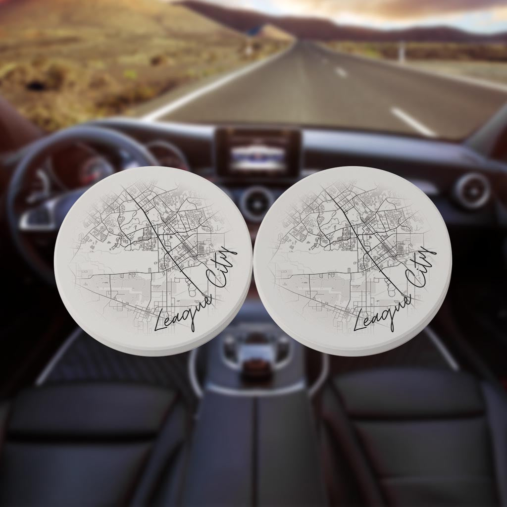 Minimalistic B&W Texas League City Circle Map | Absorbent Car Coasters | Set of 2 | Min 4
