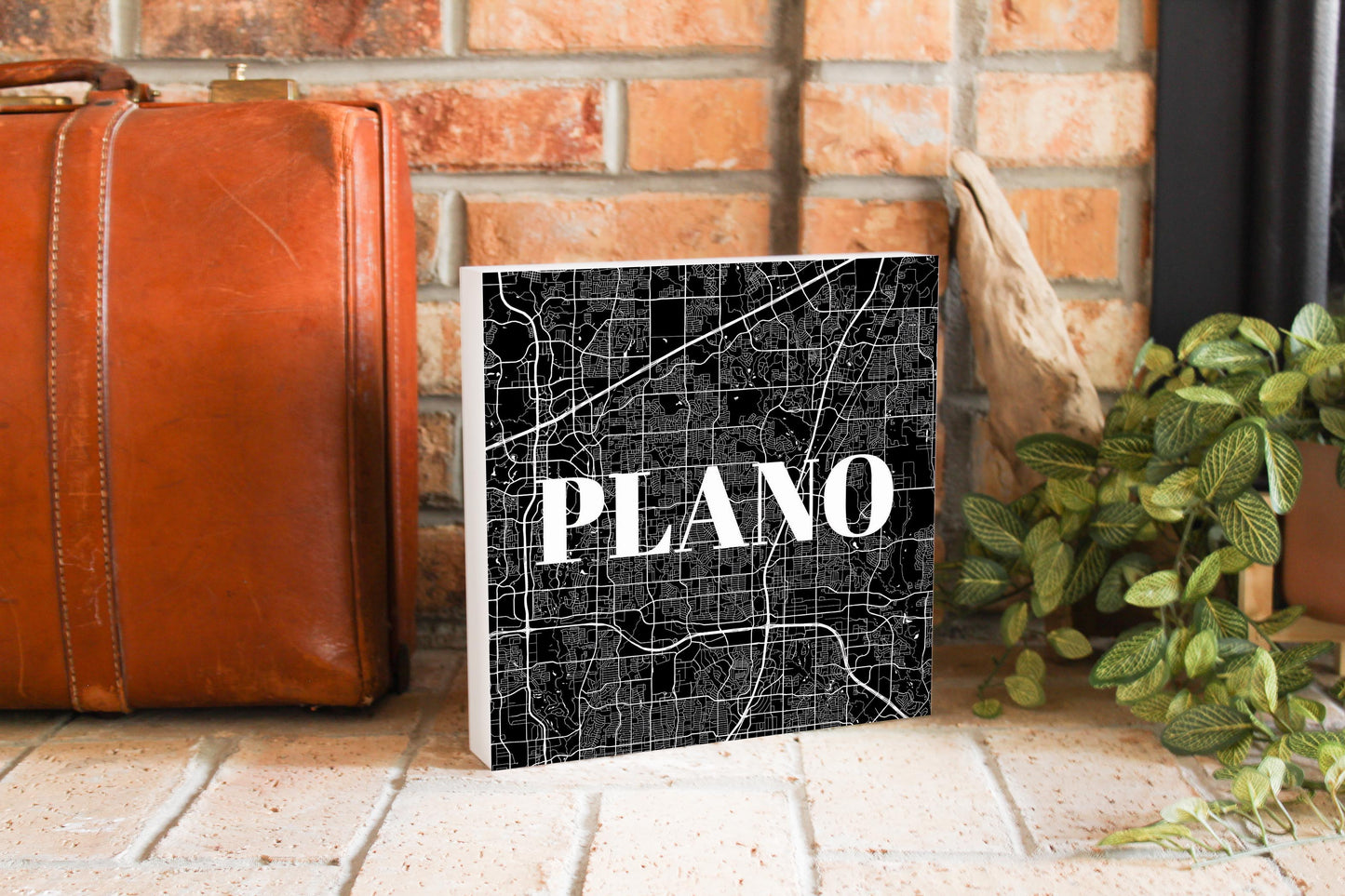 Minimalistic B&W Texas Plano Map | Wood Block | Eaches | Min 2