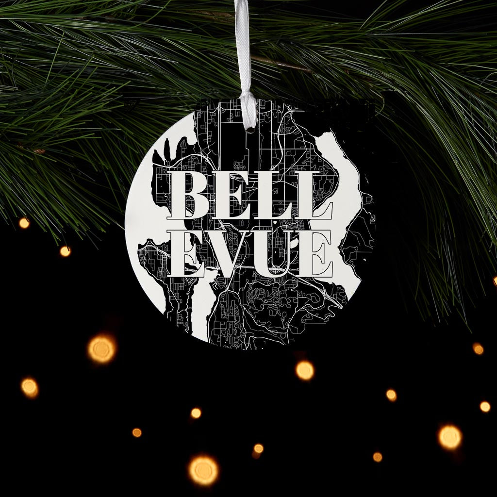 Minimalistic B&W Washington Bellevue Map | Wood Ornament | Eaches | Min 6