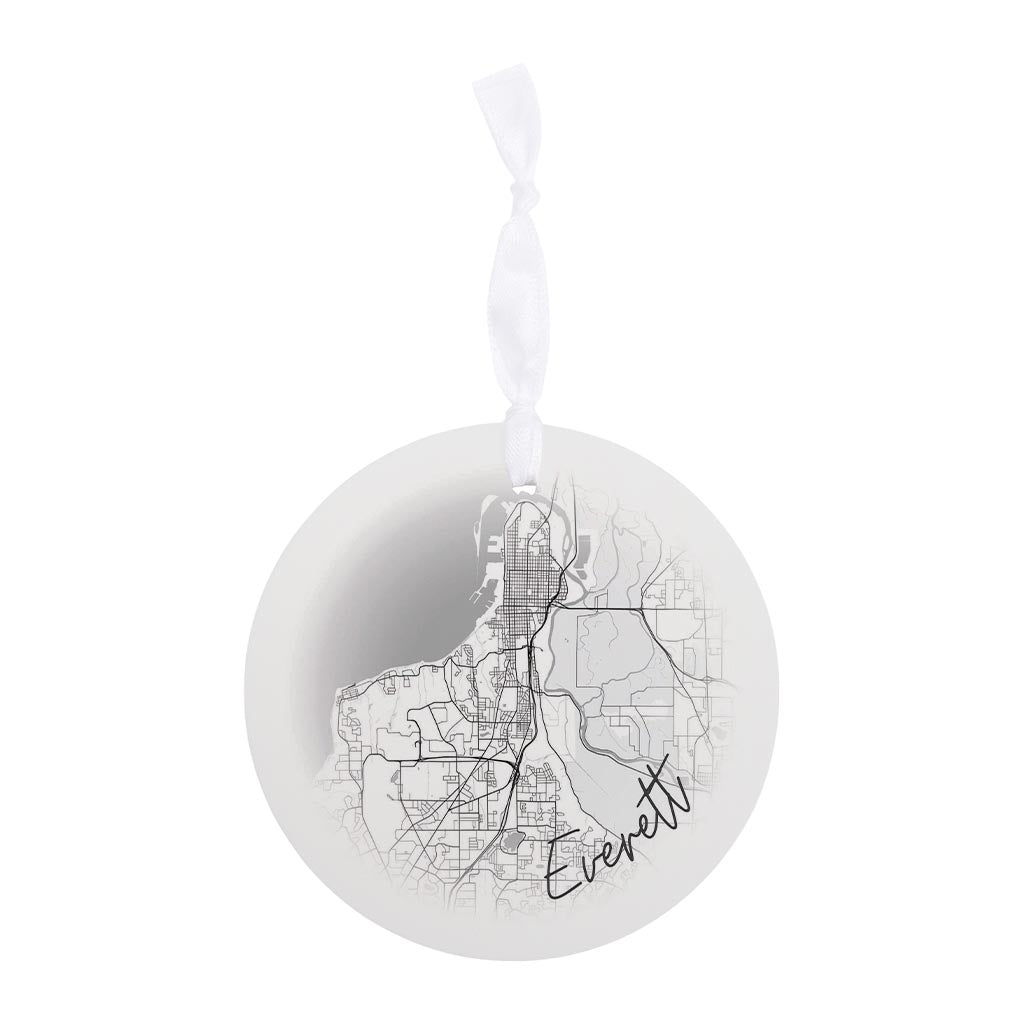 Minimalistic B&W Washington Everett Circle Map | Wood Ornament | Eaches | Min 6
