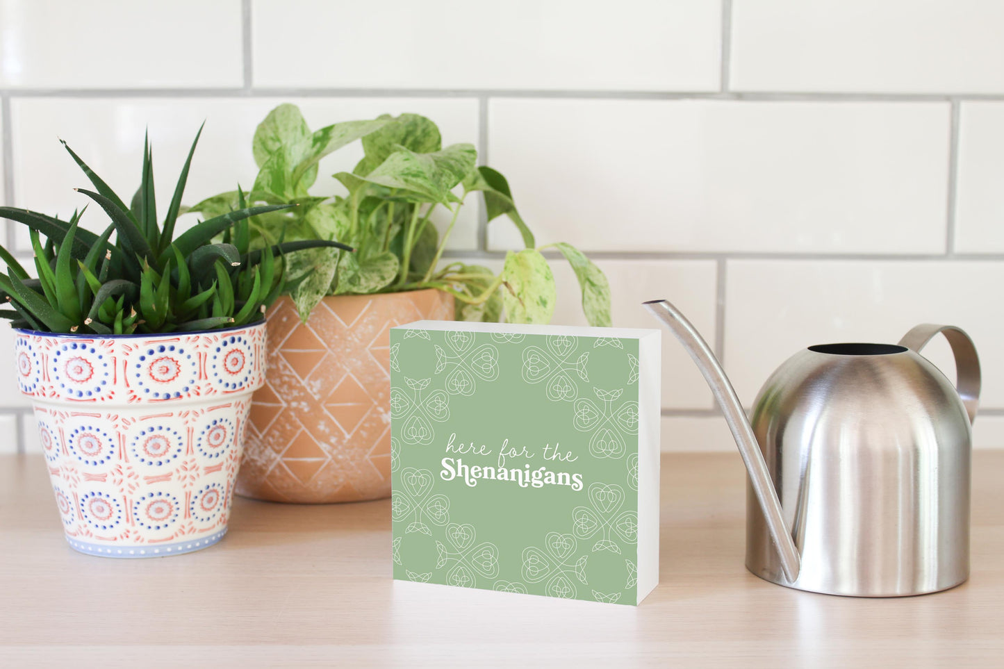 Sage Green Shamrock Here For The Shenanigans | Wood Block | Eaches | Min 4