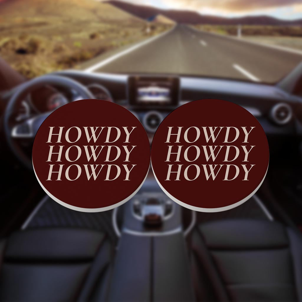 Modern Minimalist Texas Maroon Howdy | Absorbent Car Coasters | Set of 2 | Min 4