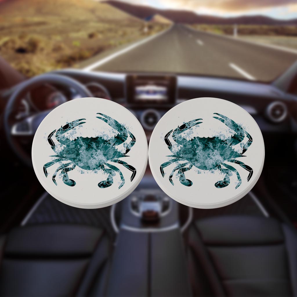 Blue White Water Color Blue Crab | Absorbent Car Coasters | Set of 2 | Min 4