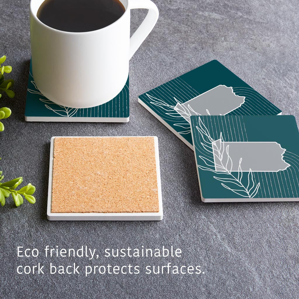 Modern Minimalist Pennsylvania Shape With Leaf | Absorbent Coasters | Set of 4 | Min 2