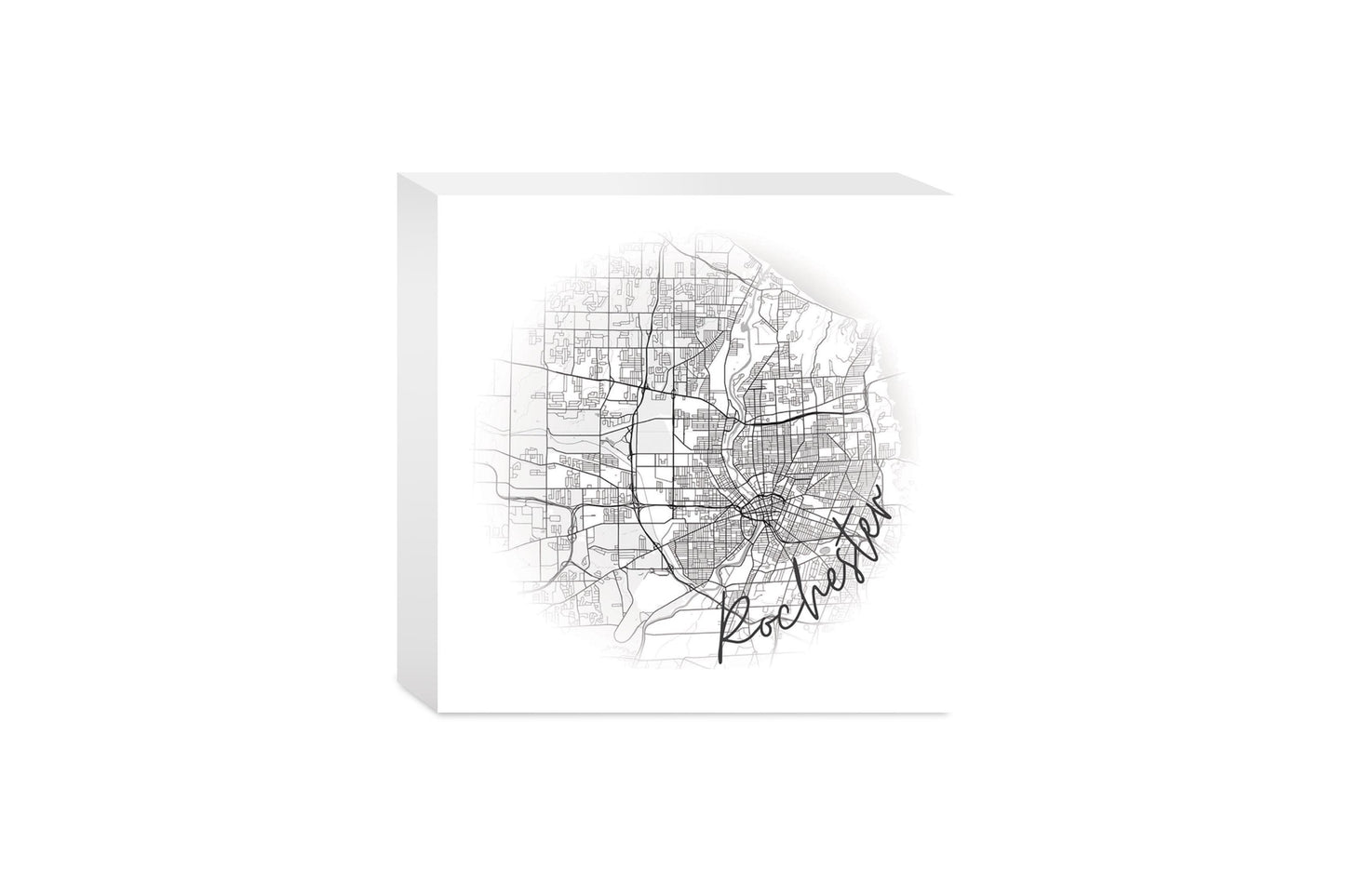 Minimalistic B&W New York Rochester Faded Circle Map | Wood Block | Eaches | Min 4