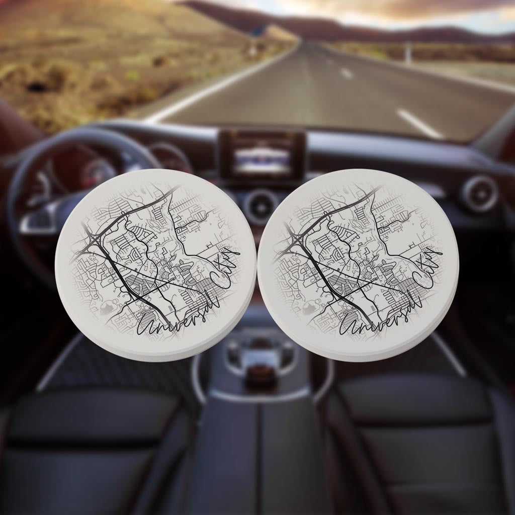 Minimalistic B&W Texas Universal City Circle Map | Absorbent Car Coasters | Set of 2 | Min 4