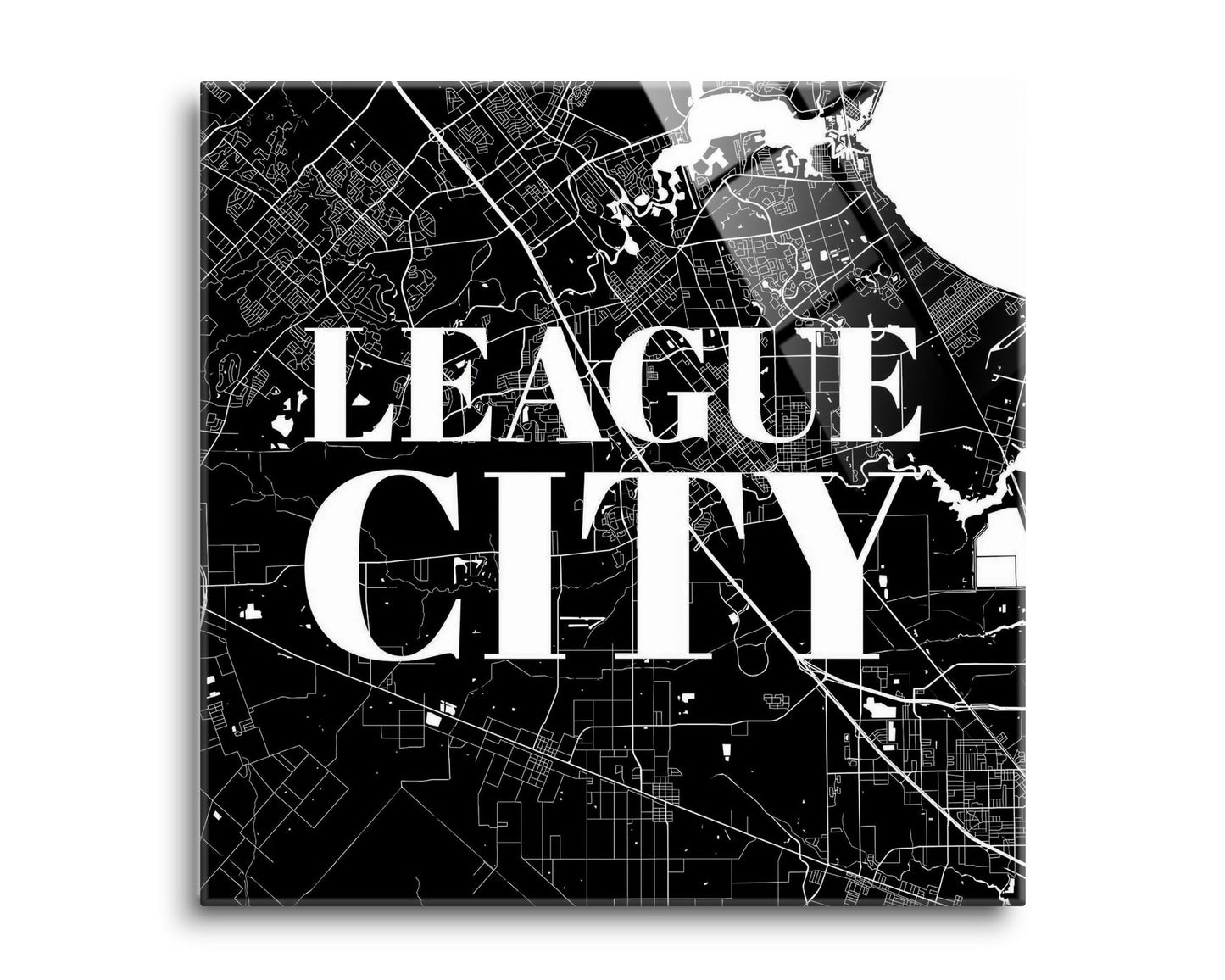 Minimalistic B&W Texas League City Map | Hi-Def Glass Art | Eaches | Min 2